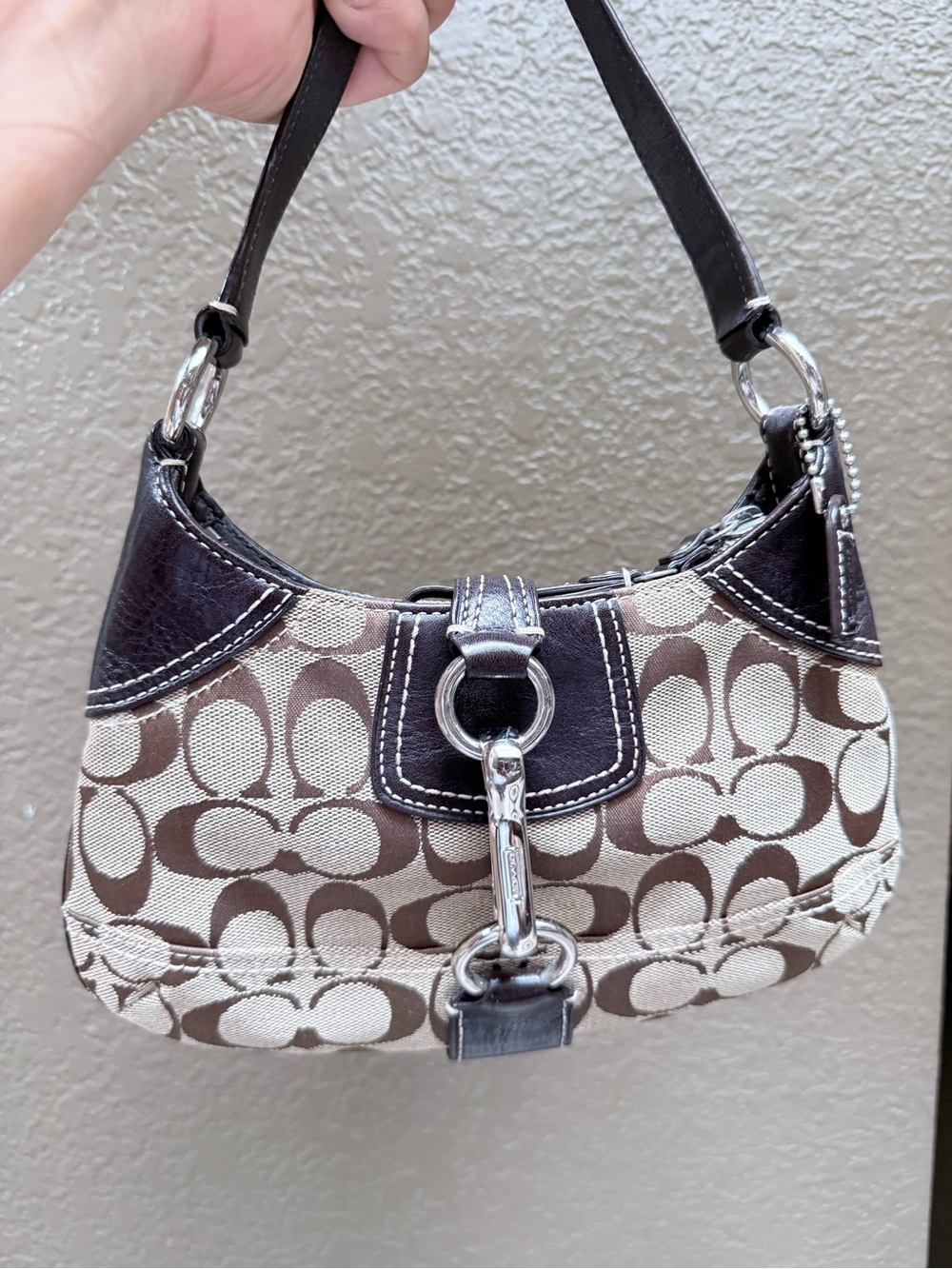 Coach Brown & Cream Signature Mini Hobo Shoulder Bag